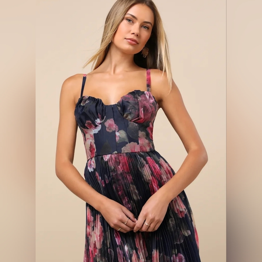 Lulus Alluring Invite Midnight Blue Floral Pleated Bustier Midi Dress - Picture 3 of 6